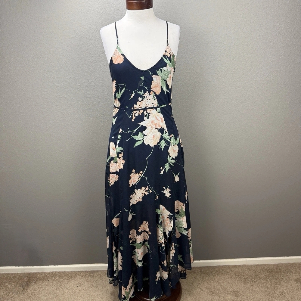 Sleeveless Navy Floral Maxi Dress with Peach Blooms